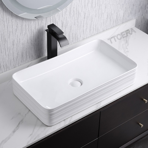 Chậu Lavabo Đặt Bàn Hình Chữ Nhật Sọc Trắng TTCERA LB09