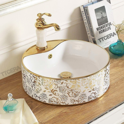 Chậu Lavabo Đặt Bàn Mạ Vàng Tròn TTCERA LB23