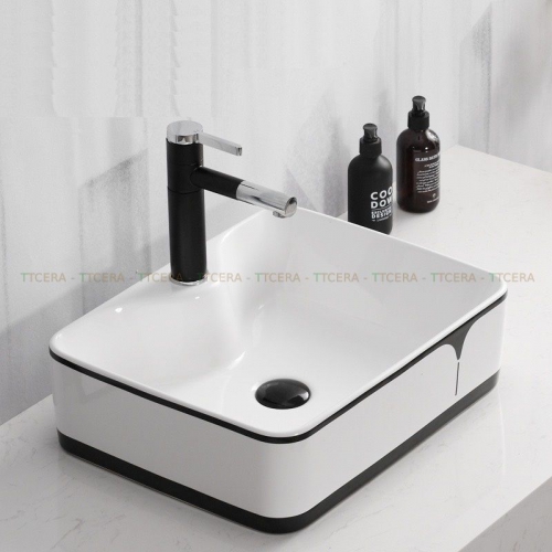 Chậu Lavabo Đặt Bàn Trắng Viền Đen TTCERA LB147