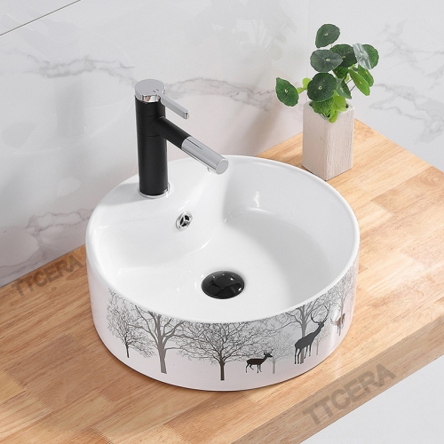 Chậu Lavabo Đặt Bàn Tròn Hoa Văn Nai Rừng TTCERA LB22