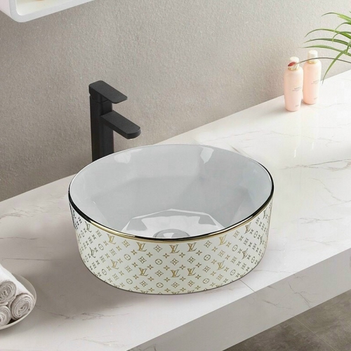 Chậu Lavabo Đặt Bàn Tròn Hoa Văn Trắng Vàng LB03