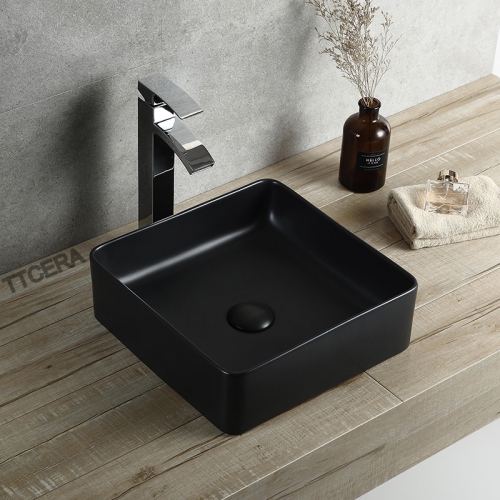 Chậu Lavabo Đặt Bàn Vuông Đen TTCERA LB41