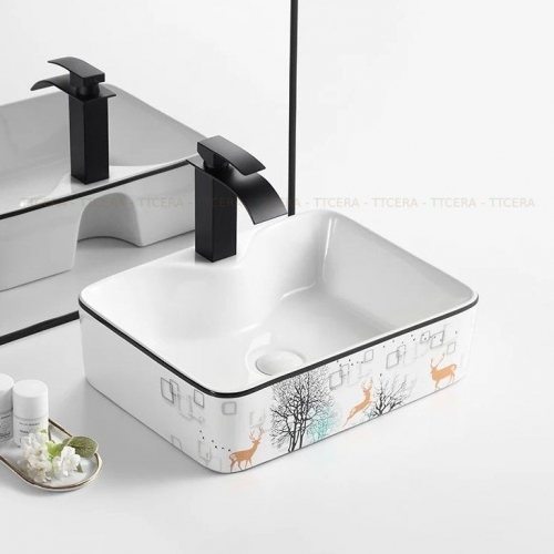 Chậu Lavabo Đặt Bàn Vuông Hoa Văn Nai TTCERA LB133