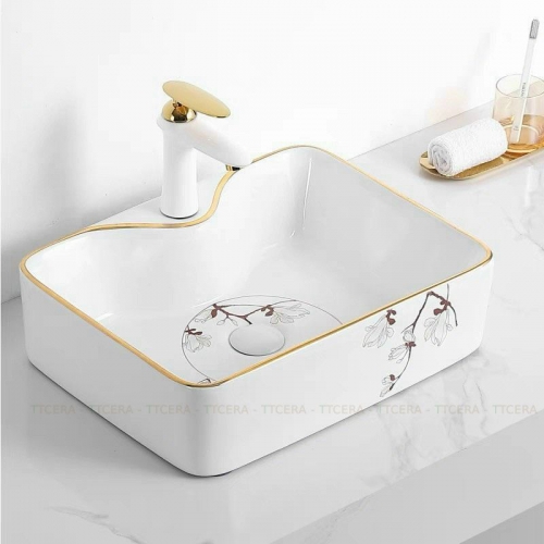 Chậu Lavabo Đặt Bàn Vuông Viền Vàng TTCERA LB131