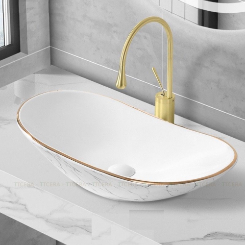 Chậu Lavabo Oval Trắng Vân Đá TTCERA LB132