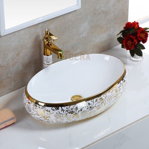 Chậu Lavabo Ovan Hoa Văn Mạ Vàng TTCERA LB87