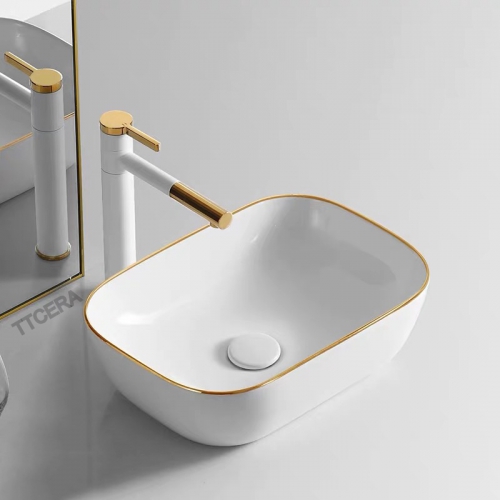 Chậu Lavabo Thuyền Trắng Viền Vàng TTCERA LB36