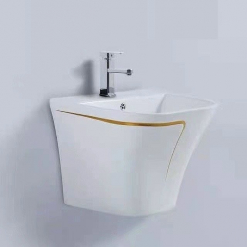 Chậu Lavabo Treo Tường Liền Khối Trắng Sọc Vàng TTCERA LB90