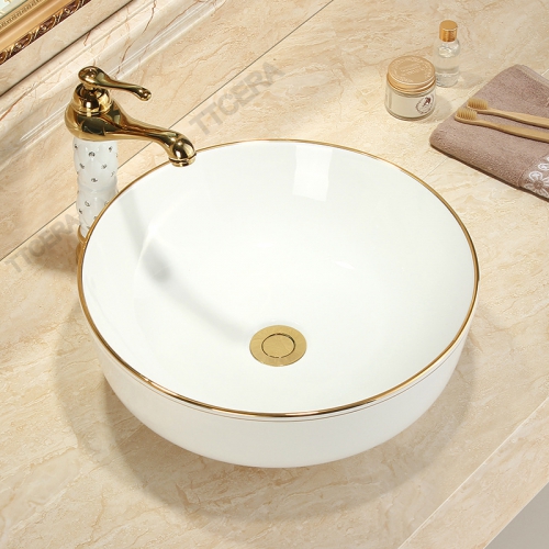 Chậu Lavabo Tròn Trắng Viền Vàng TTCERA LB30