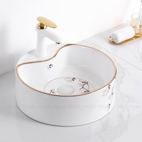 Chậu Lavabo Tròn Viền Vàng TTCERA LB130