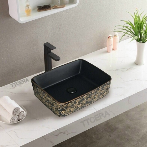 Chậu Lavabo Vuông Đặt Bàn Hoa Văn Đen Vàng TTCERA LB01