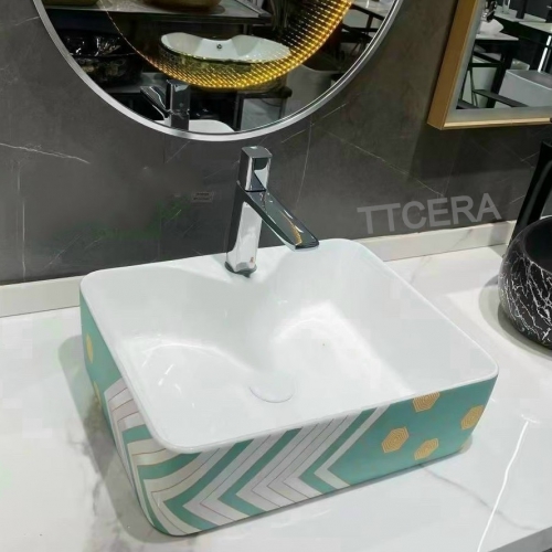 Chậu Lavabo Vuông Xanh Hoa Văn Vàng TTCERA LB107