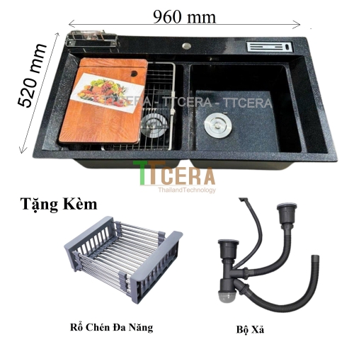 Chậu Rửa Chén 2 Hộc Đá Đen Nhân Tạo Siêu Mịn TTCERA CRĐT8652DT