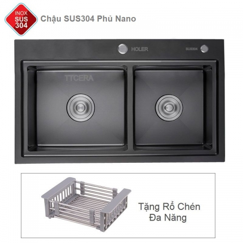 Chậu Rửa Chén Bậc Thang Inox 304 Phủ Nano Holer  HLCRNN701-8245D