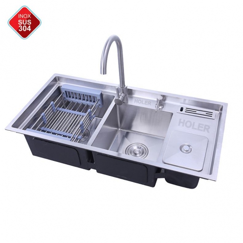 Chậu Rửa Chén Bậc Thang Inox 304 Vắt Dao Hộc Rác Holer HLCR703-10048DR