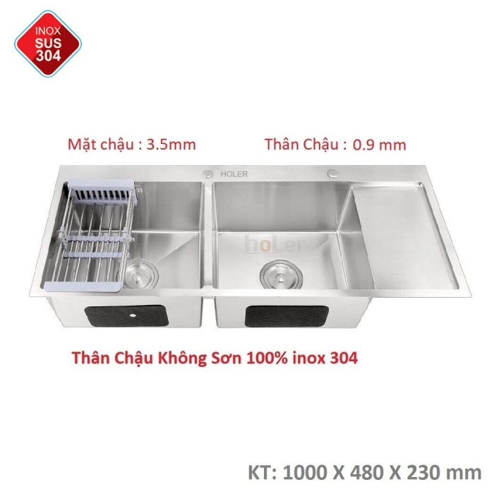 Chậu Rửa Chén Có Bàn Chờ Inox 304 Không Sơn Dày 3.5mm Holer HLCR707KS-10048C