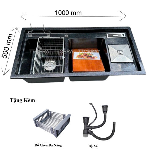 Chậu Rửa Chén Đá Đen Nhân Tạo Siêu Mịn Vắt Dao Hộc Rác TTCERA CRĐĐ10050DR