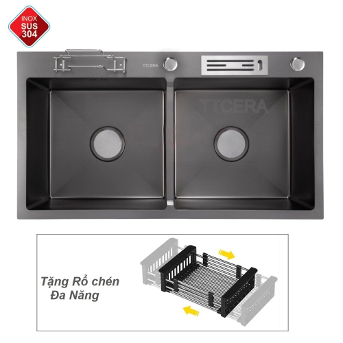 Chậu Rửa Chén INOX Phủ Nano Có Vắt Dao TTCERA CRNN801A-8245