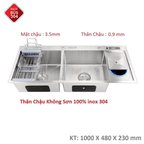 Chậu Rửa Chén Vắt Dao Hộc Rác Inox 304 Không Sơn Dày 3.5mm Holer HLCR706KS-10048DR