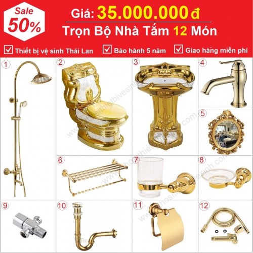 Combo Nhà Vệ Sinh Cổ Điển Mạ Vàng Trọn Bộ 12 Món Cao Cấp CBCĐ-12MV