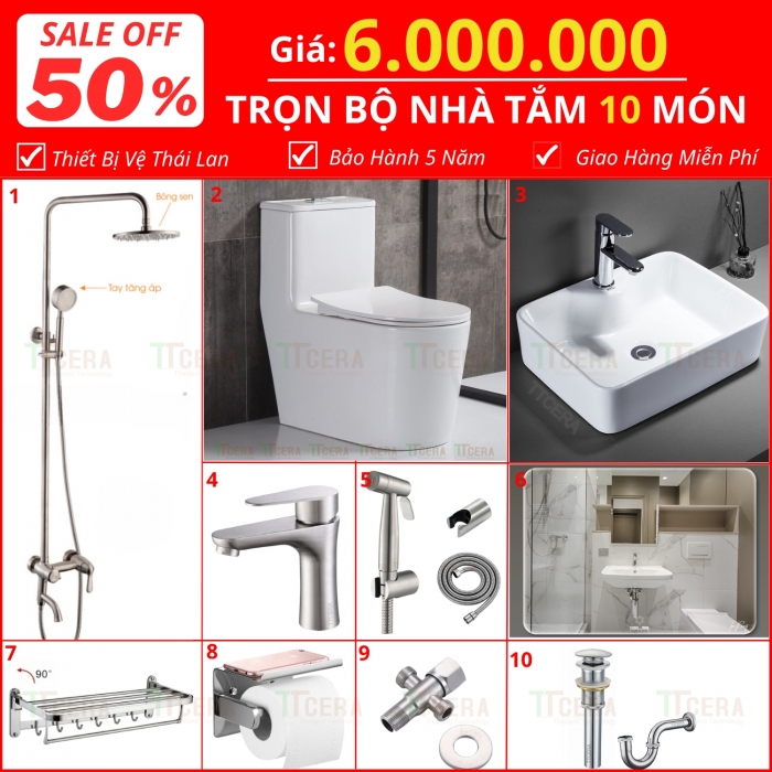 Combo Nhà Vệ Sinh Trọn Bộ 10 Món 6 Triệu Cao Cấp CB10 - 6000T3