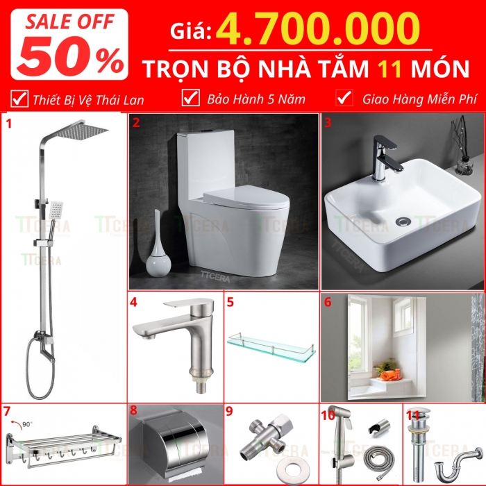 Combo Nhà Vệ Sinh Trọn Bộ 11 Món 4.7 Triệu Cao Cấp CB11-4700T5