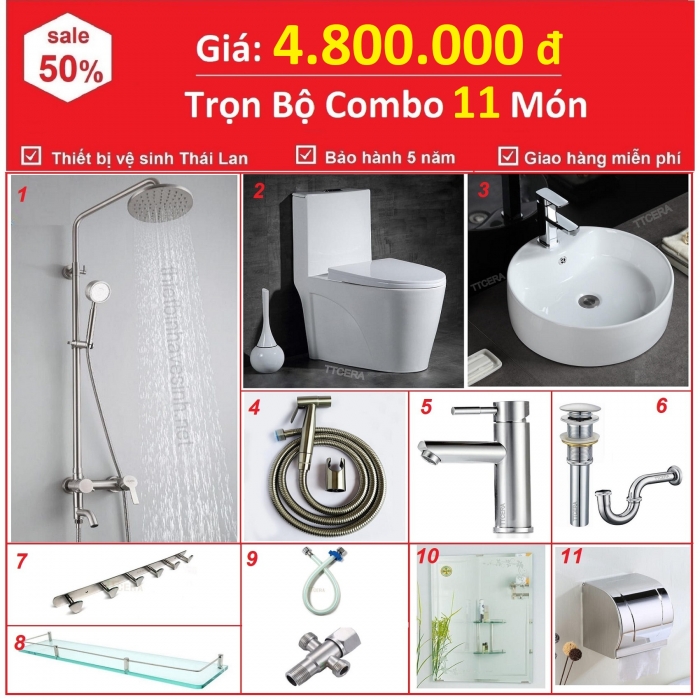 Combo Nhà Vệ Sinh Trọn Bộ 11 Món 4.8 Triệu CB11B-4800