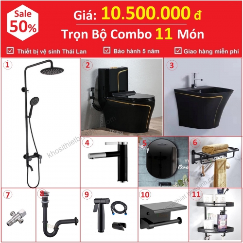 Combo Nhà Vệ Sinh Trọn Bộ 11 Món Đen Lavabo Treo Cao Cấp 10.5 Triệu CB11T-10500