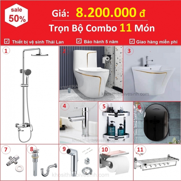 Combo Nhà Vệ Sinh Trọn Bộ 11 Món Lavabo Treo Cao Cấp 8.2 Triệu CB11T-8200