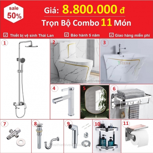 Combo Nhà Vệ Sinh Trọn Bộ 11 Món Lavabo Treo Cao Cấp 8.8 Triệu CB11T-8800