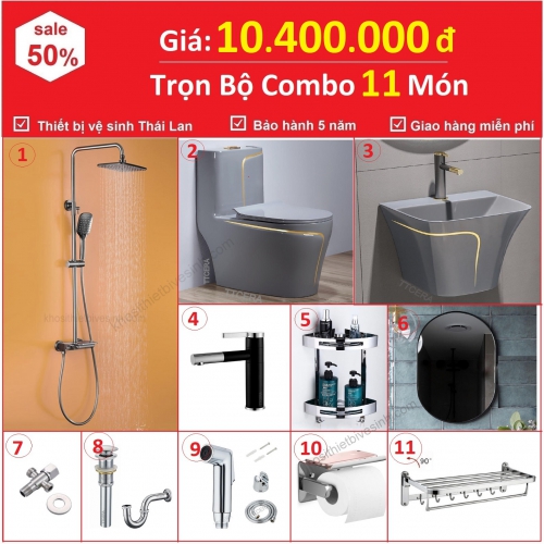 Combo Nhà Vệ Sinh Trọn Bộ 11 Món Xám Lavabo Treo Cao Cấp 10.4 Triệu CB11T-10400