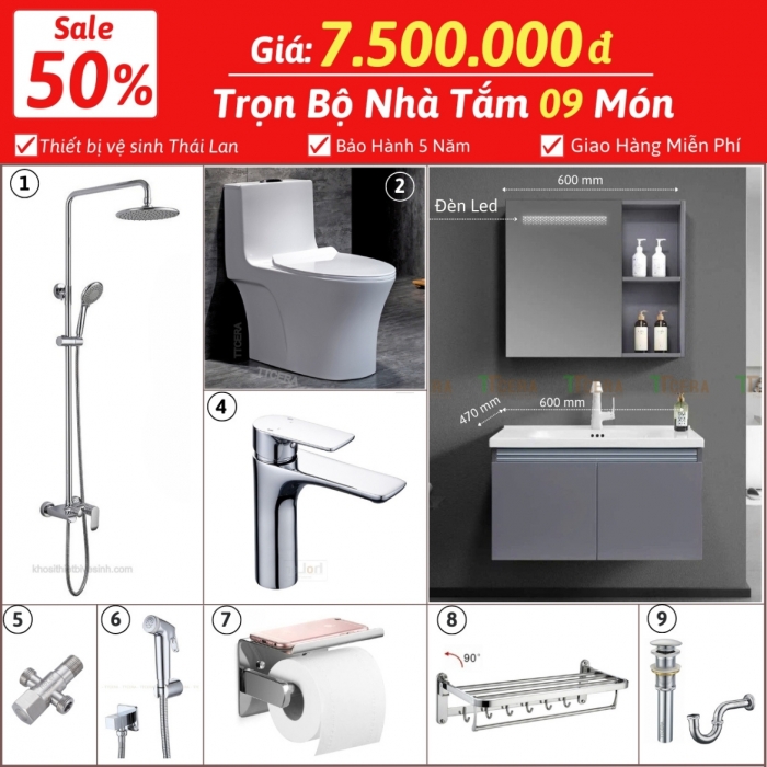 Combo Nhà Vệ Sinh Trọn Bộ 9 Món 7.5 Triệu CB9-7500