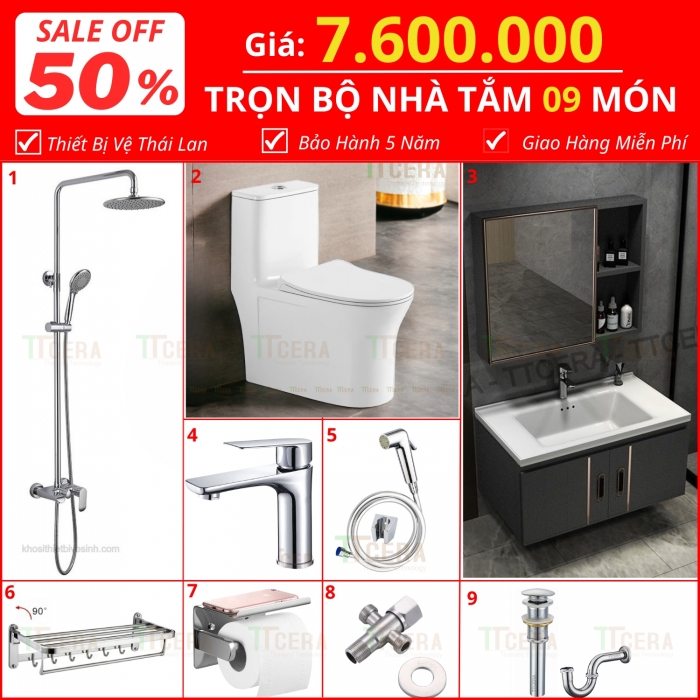 Combo Nhà Vệ Sinh Trọn Bộ 9 Món 7.6 Triệu Cao Cấp CB09 - 7600T1