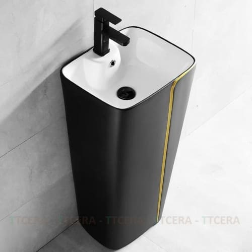 Lavabo Sứ Trụ Đứng Liền Khối Đen Viền Vàng TTCERA LBT08