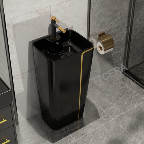 Lavabo Sứ Trụ Đứng Liền Khối Đen Viền Vàng TTCERA LBT05