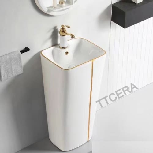 Lavabo Sứ Trụ Đứng Liền Khối Trắng Viền Vàng TTCERA LBT06