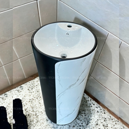 Lavabo Sứ Trụ Đứng Liền Khối Tròn Đen Vân Đá TTCERA LBT12