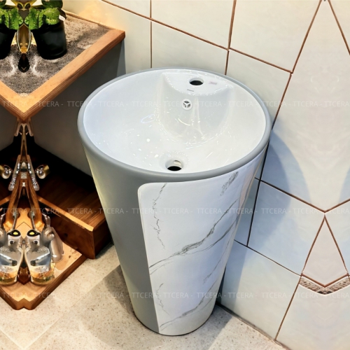 Lavabo Sứ Trụ Đứng Liền Khối Tròn Xám Vân Đá TTCERA LBT11