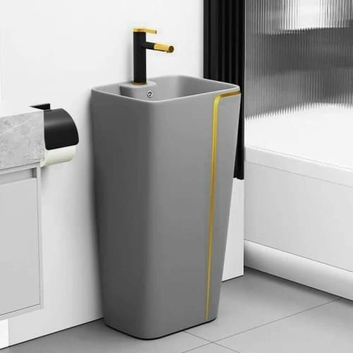 Lavabo Sứ Trụ Đứng Liền Khối Xám Viền Vàng TTCERA LBT07