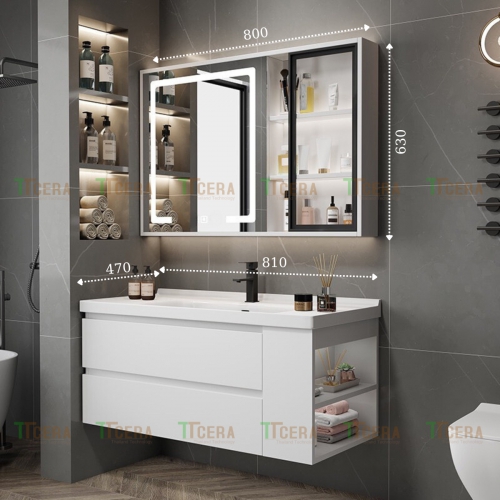 Tủ Lavabo Nhựa PVC Đặc Có Led Màu Trắng TTCERA TLVB129-8047