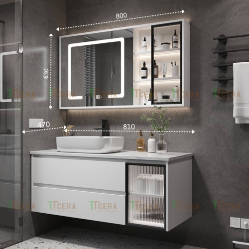 Tủ Lavabo Nhựa PVC Đặc Có Led Màu Trắng TTCERA TLVB134-8047