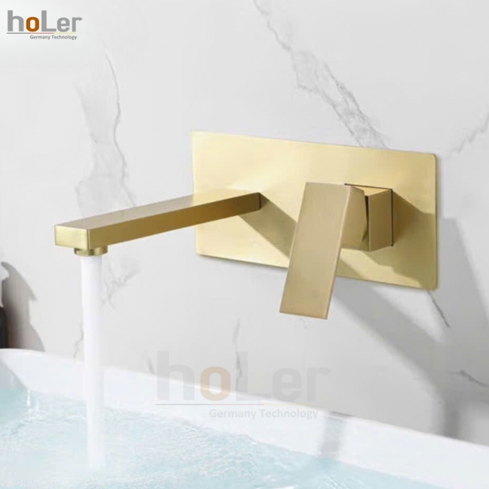 Vòi Lavabo Âm Tường Đồng Thau Mạ Vàng Mờ HoLer HL-LBA613