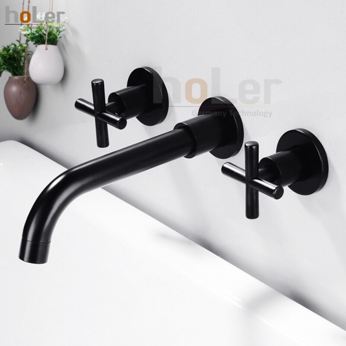 Vòi Lavabo Âm Tường Đồng Thau Sơn Tĩnh Điện Đen HoLer HL-LBA609