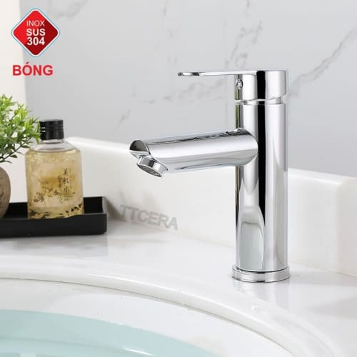 Vòi Lavabo Tròn Tay Dẹp Nóng Lạnh Inox 304 Bóng Gương TTCERA LB236A