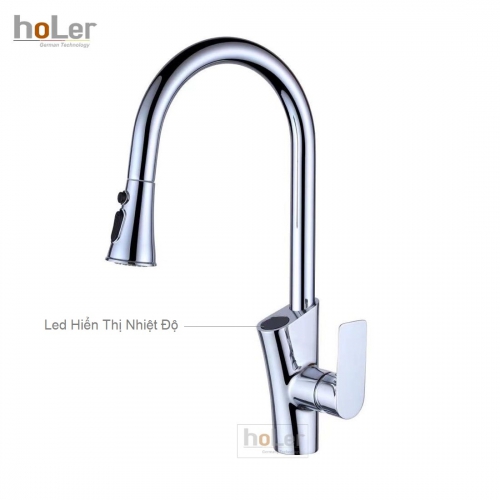 Vòi Rửa Chén Hiển Thị Nhiệt Độ Rút Dây Đồng Thau Mạ Crome Holer CHL945