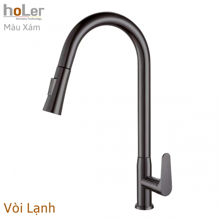 Vòi Rửa Chén Lạnh Rút Dây Đồng Thau Mạ TiTan Xám Holer CHL967