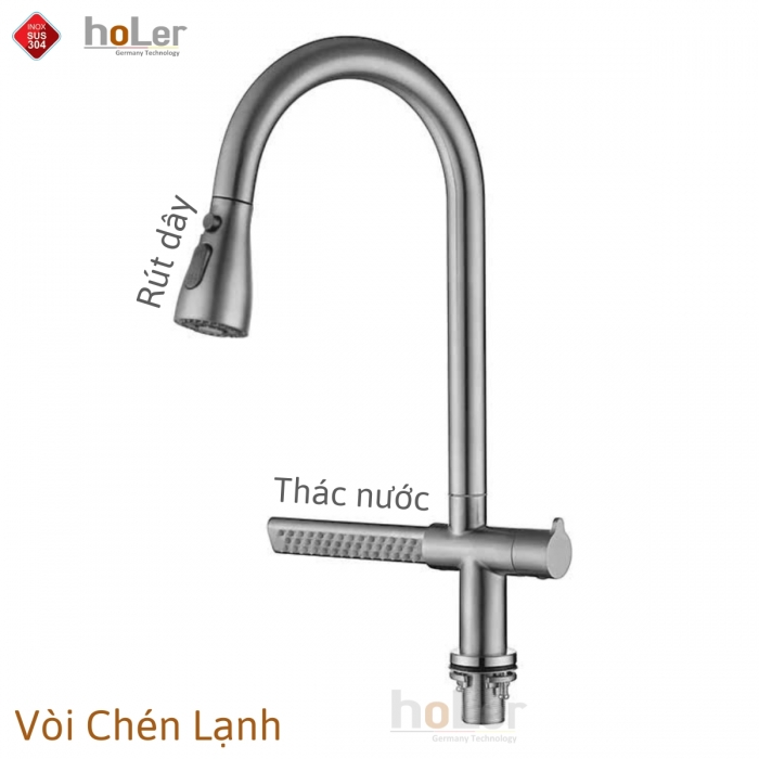 Vòi rửa chén Lạnh Thác Nước Rút Dây Inox SUS 304 Holer CHL971