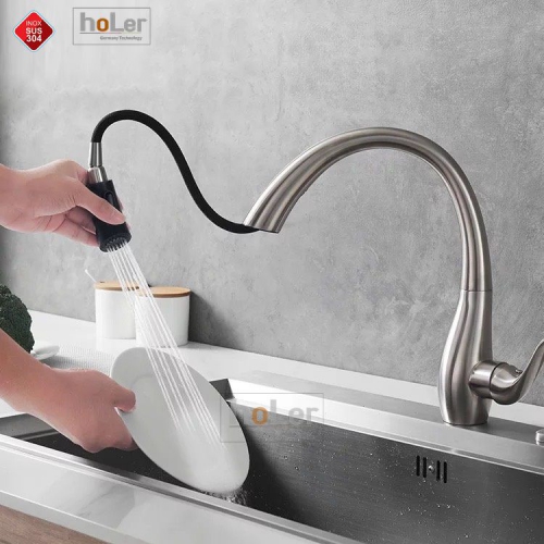 Vòi rửa chén nóng lạnh, dây kéo Inox SUS 304 Holer CHL910