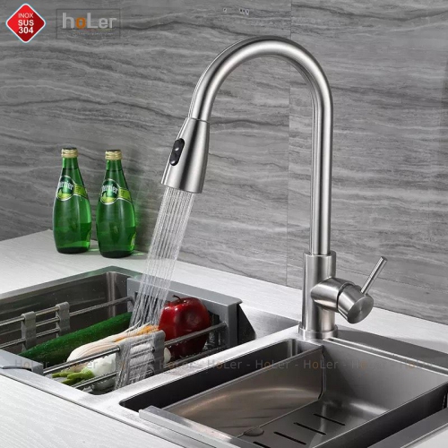 Vòi rửa chén nóng lạnh, dây kéo Inox SUS 304 Holer CHL917