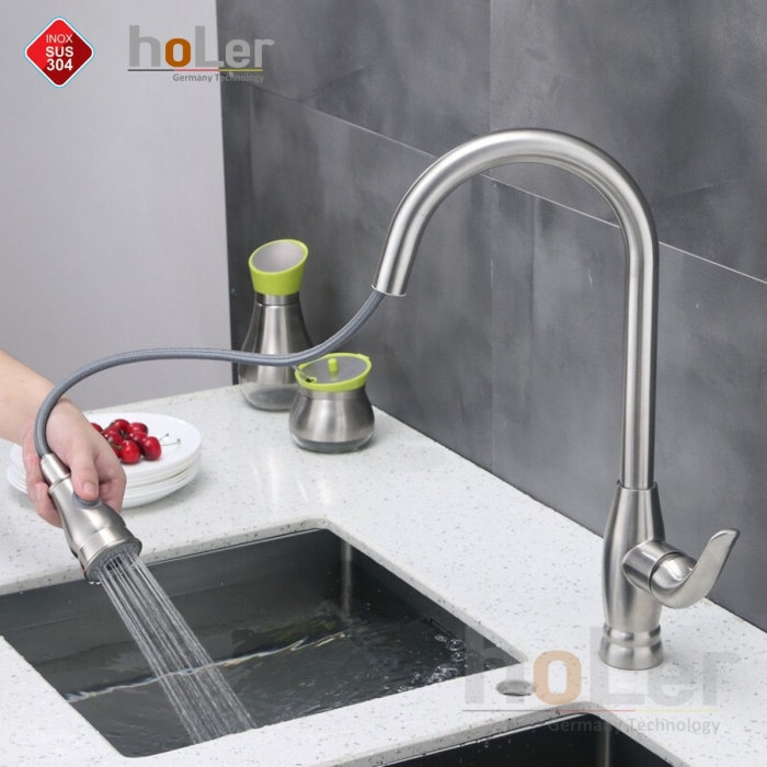 Vòi rửa chén nóng lạnh, dây kéo Inox SUS 304 Holer CHL964